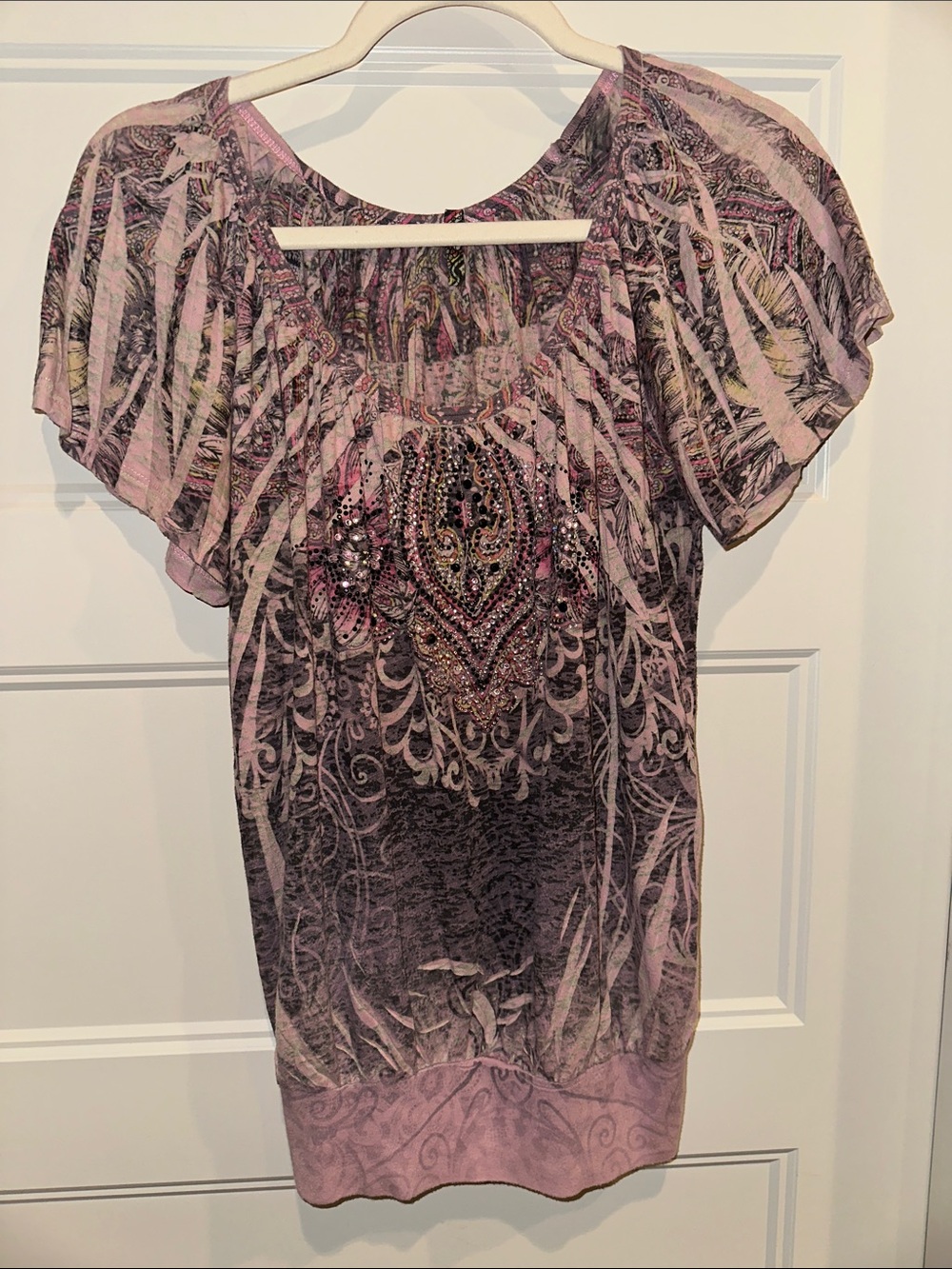 American Age Pink Paisley-Print Jeweled Short-Sleeve Tunic